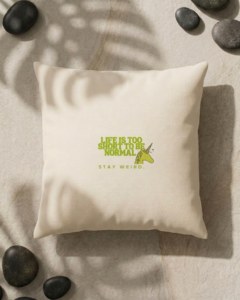 A square cream organic cotton cushion lies on a pale veined stone surface, crossed by the soft shadow of a palm leaf. In the center, bold lime green lettering reads “Life is too short to be normal,” beside a small illustrated unicorn head with a few sparkles, and a smaller line below reads “Stay weird.” Smooth black river pebbles frame the scene in the top and bottom corners.